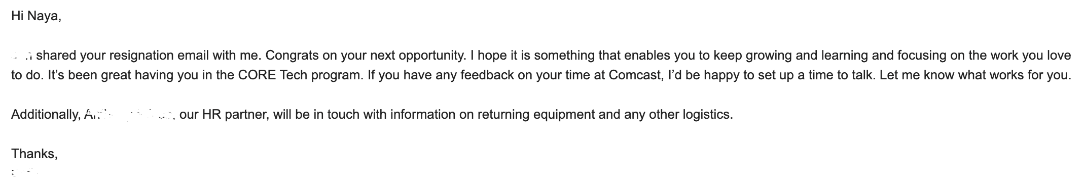The email response I received after quitting